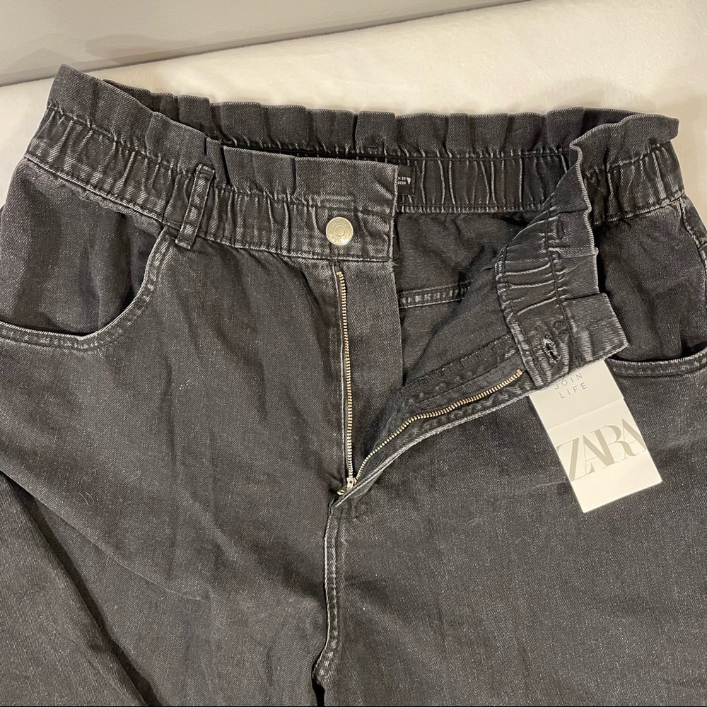 NWT Zara Black Elastic Paper Bag Waist Ultra High Rise 100% Cotton Jeans Size XL - Picture 7 of 16